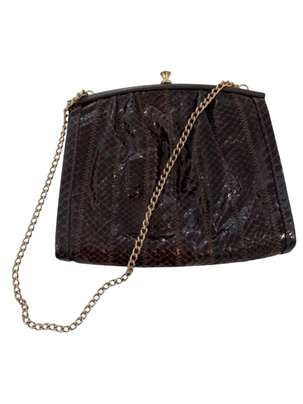 La Belle Vintage Brown Snake Leather Clutch Purse With Gold Chain Strap And Fram